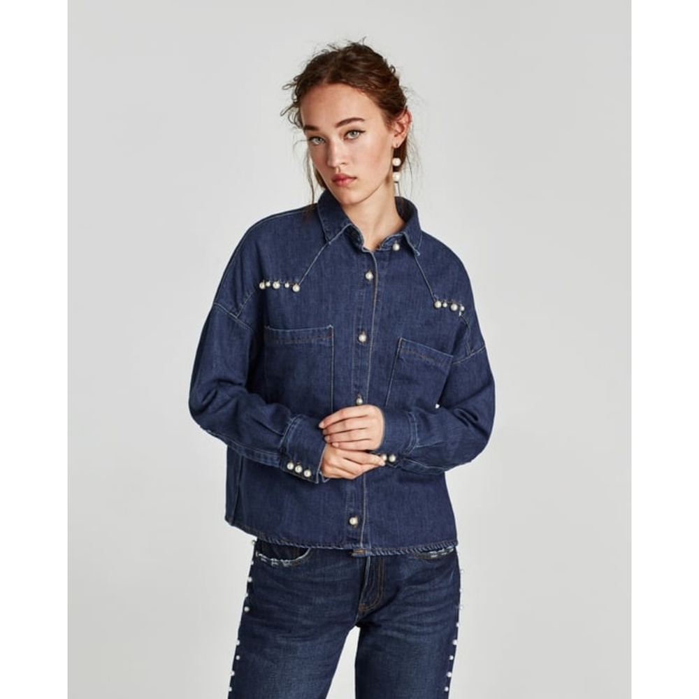 New Zara Pearl Side Strip Dark Blue Jeans 36 - Picture 7 of 8